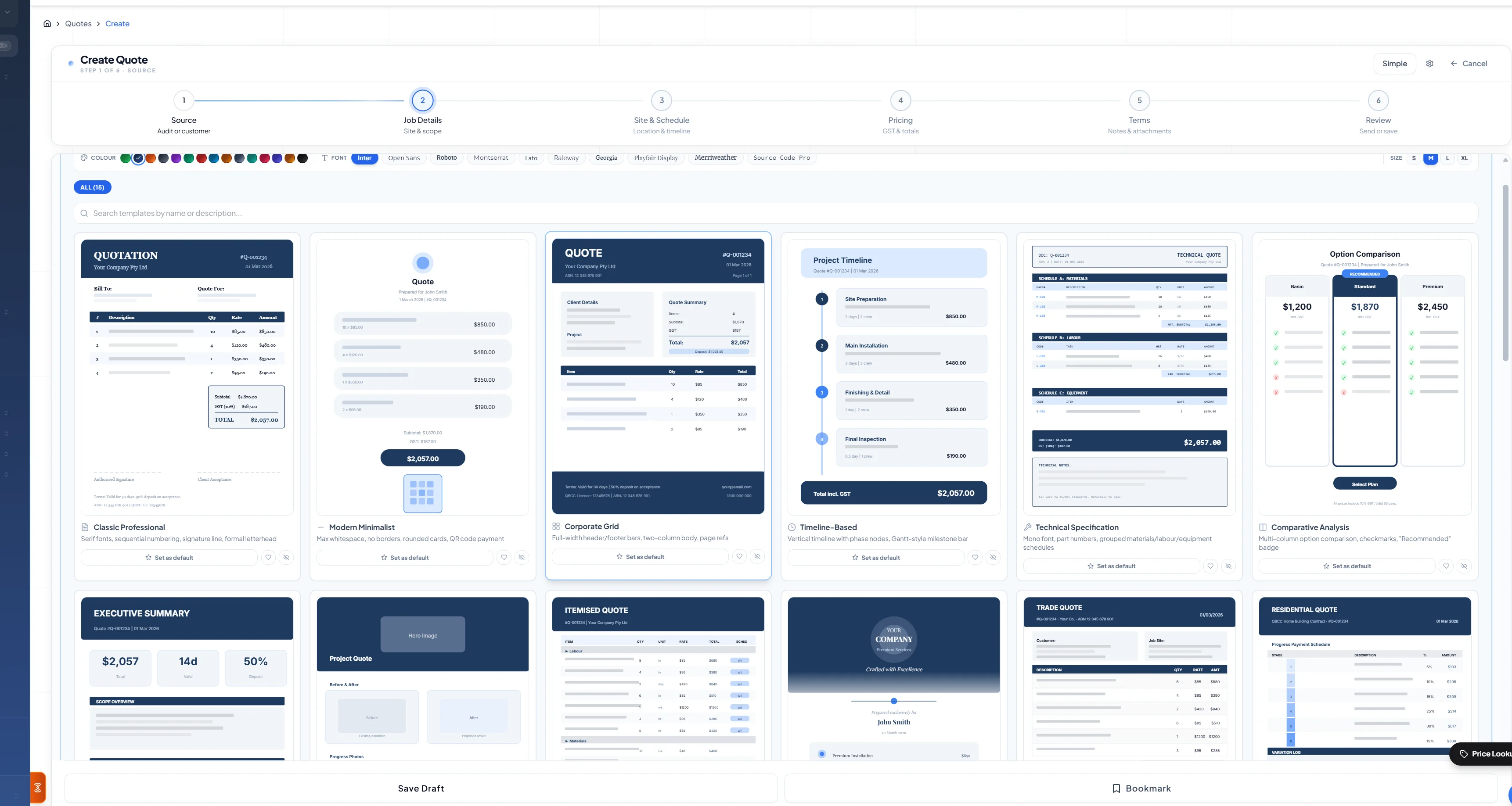 Looplet quote template gallery — 32 customer-facing quote layouts shown as thumbnails with live previews. Pick a layout, the same job data renders in the chosen visual style