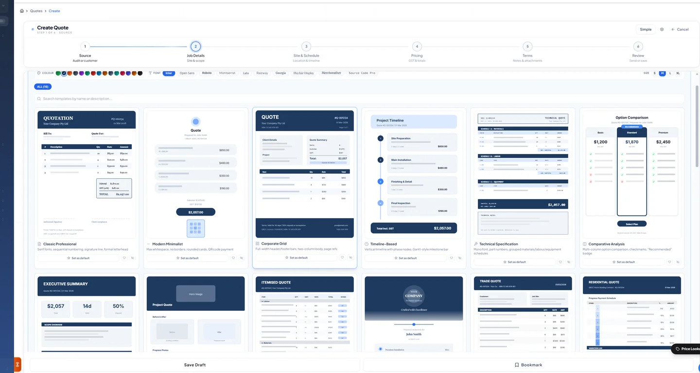 Looplet quote template selector showing 32 customer-facing quote layouts side by side — each a different visual treatment of the same job data, picked by trade and customer style